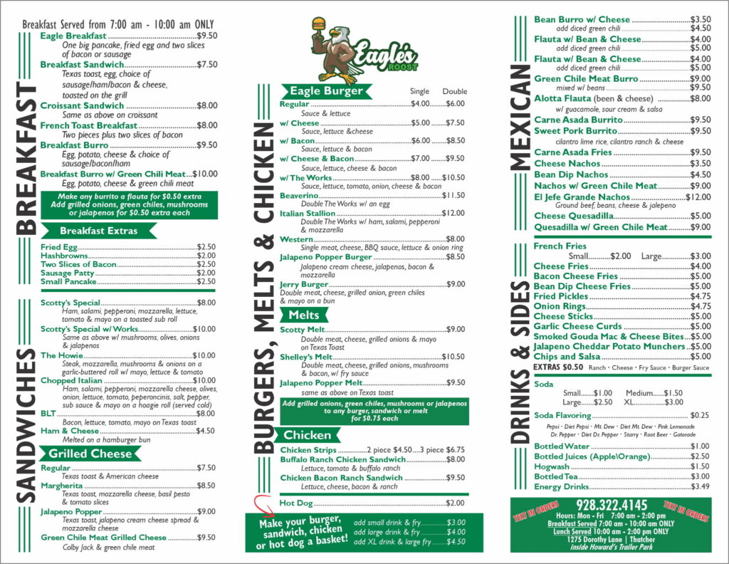 Thatcher Eagles Roost Menu